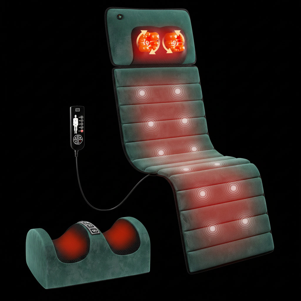 Massage chair with red lights and a remote control on a black background
