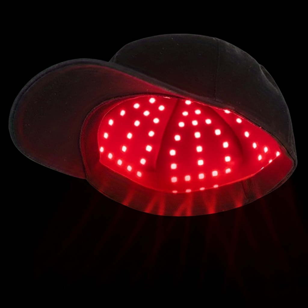 Шапка с красной LED-терапией на чёрном фоне